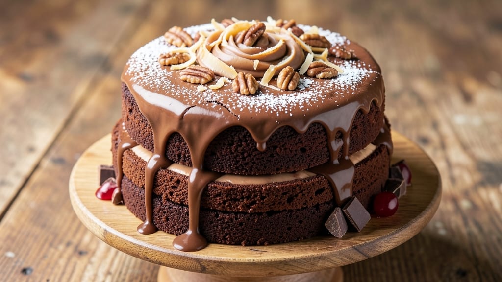 Baker's Unsweetened Chocolate German Chocolate Cake Recipe: Triple-Layered Crunch With Toasted Coconut Crown