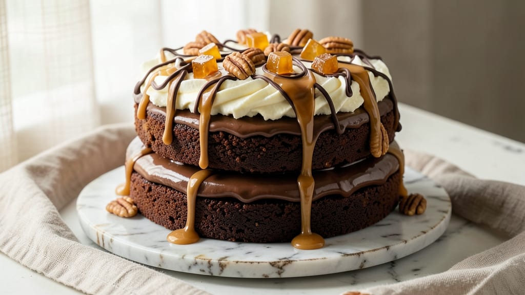 Chocolate Turtle Cake Recipe: Fudge-Caramel Swirls and Pecan Topping Magic